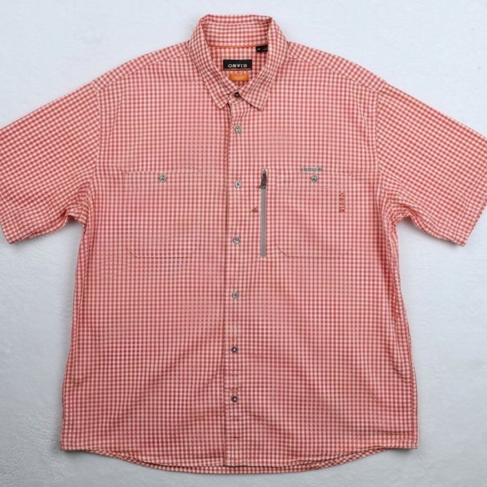 Orvis Button Down Shirt Mens XL Red Gingham Plaid Active Fit Short Sleeve